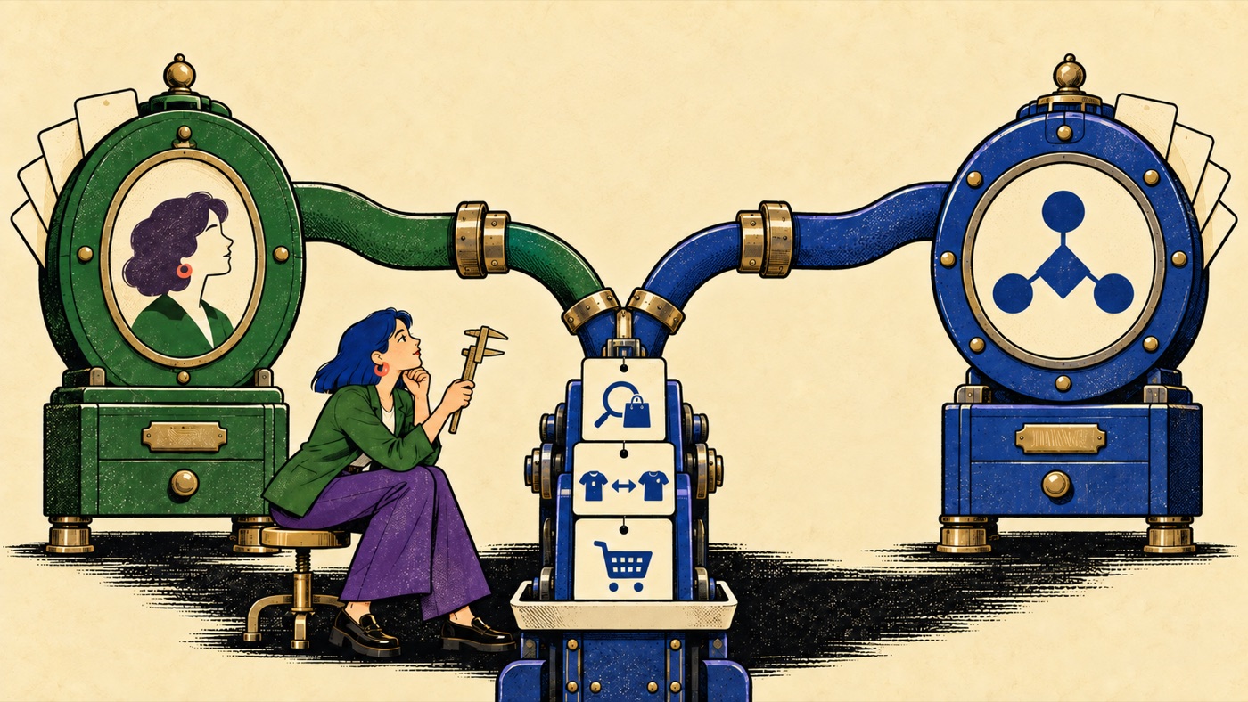 Illustration of a person calibrating the distance between a human customer profile and a separate agent profile, with search, comparison, and cart actions passing between them without merging the two.