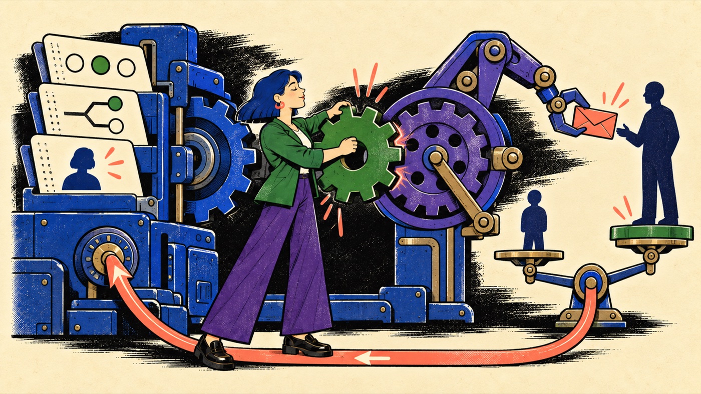 Illustration of a person turning a gear that connects scored customer profiles to a robotic arm delivering a message to a customer, with the outcome measured on a balance scale and looped back into the system.