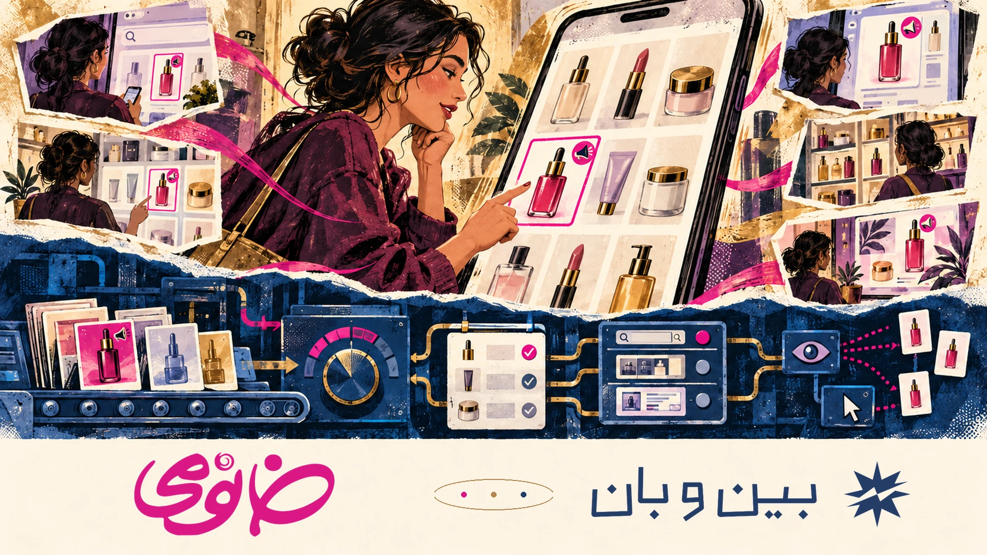 تصویری از مشتری در حال انتخاب محصولات زیباییِ تبلیغ‌شده در نقاط مختلف مسیر خرید خانومی؛ زیرساخت نمایش و گزارش آگهی در پایین و نشان‌های خانومی و بین‌وبان در تصویر دیده می‌شوند.
