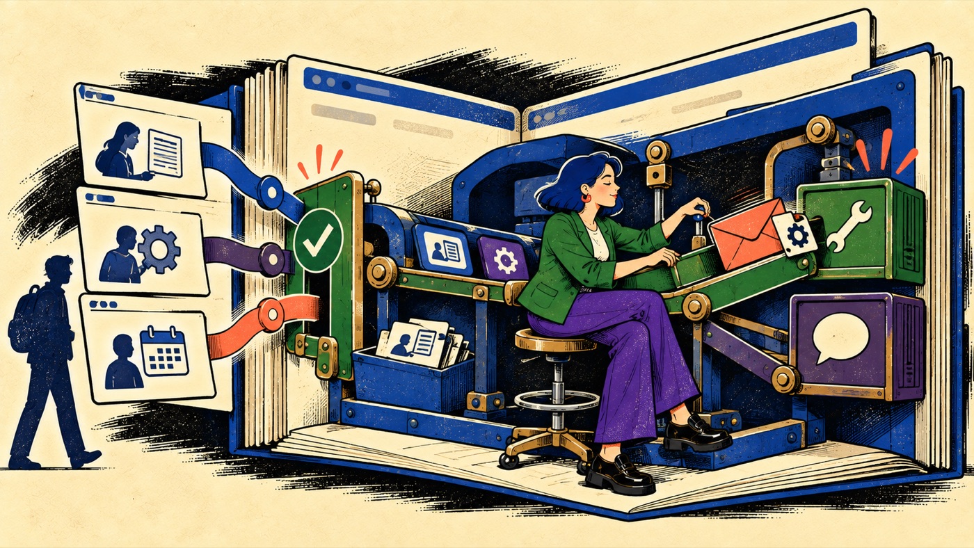 Illustration of a website page emitting content, engagement, and scheduling signals into a machine that a person operates, checking consent before routing the result to a contact record, settings, a message, and support.