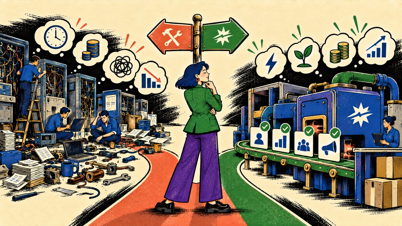 Illustration of a person standing at a signpost between a red build path, with engineers assembling tangled hardware amid clutter and a declining chart, and a green buy path, with a running machine outputting checked deliverables and a growth chart.
