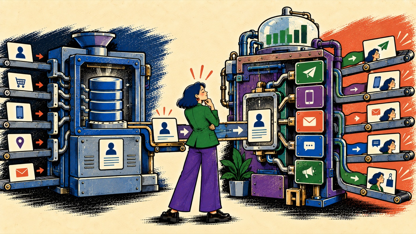 Illustration of a person comparing two machines: a data-storage machine on the left consolidating customer signals into one profile, and an activation machine on the right routing that profile out to multiple outbound channels.
