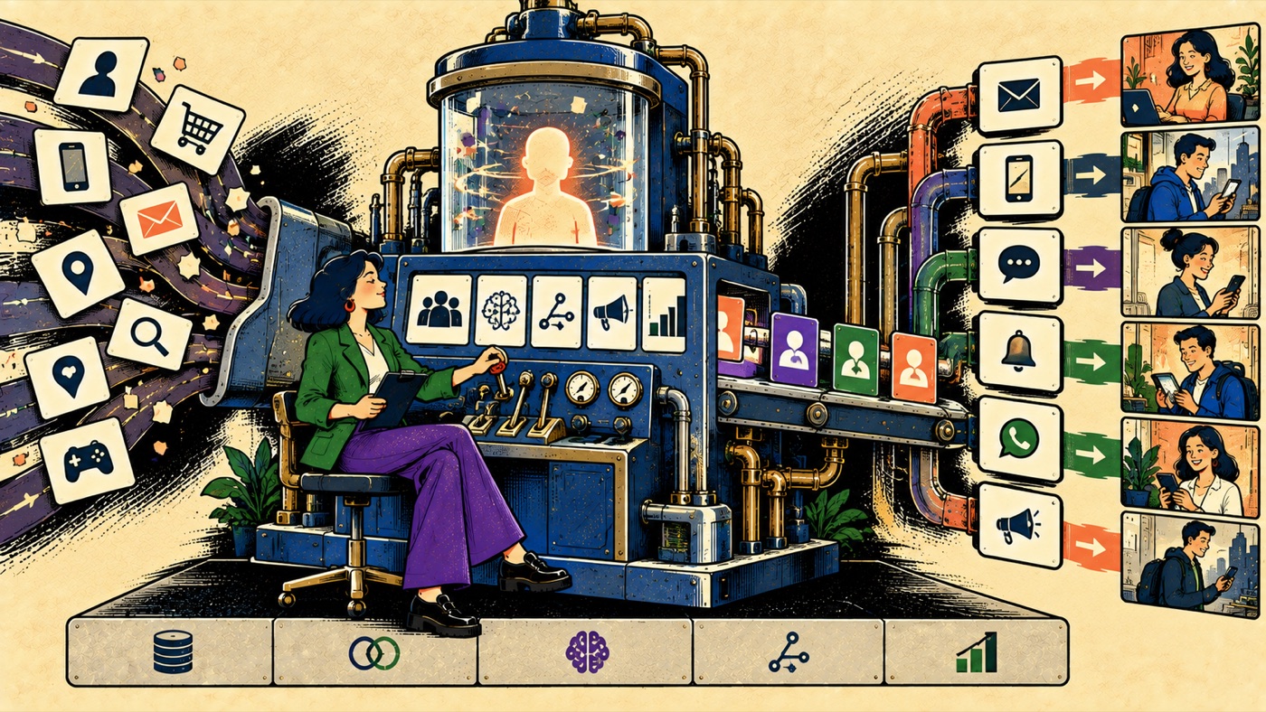 Illustration of a person operating a machine that ingests customer signals from the left, resolves them into a glowing unified identity, and routes engagement across channels like email, chat, and notifications to individual people on the right, powered by identity, integration, intelligence, orchestration, and measurement modules.