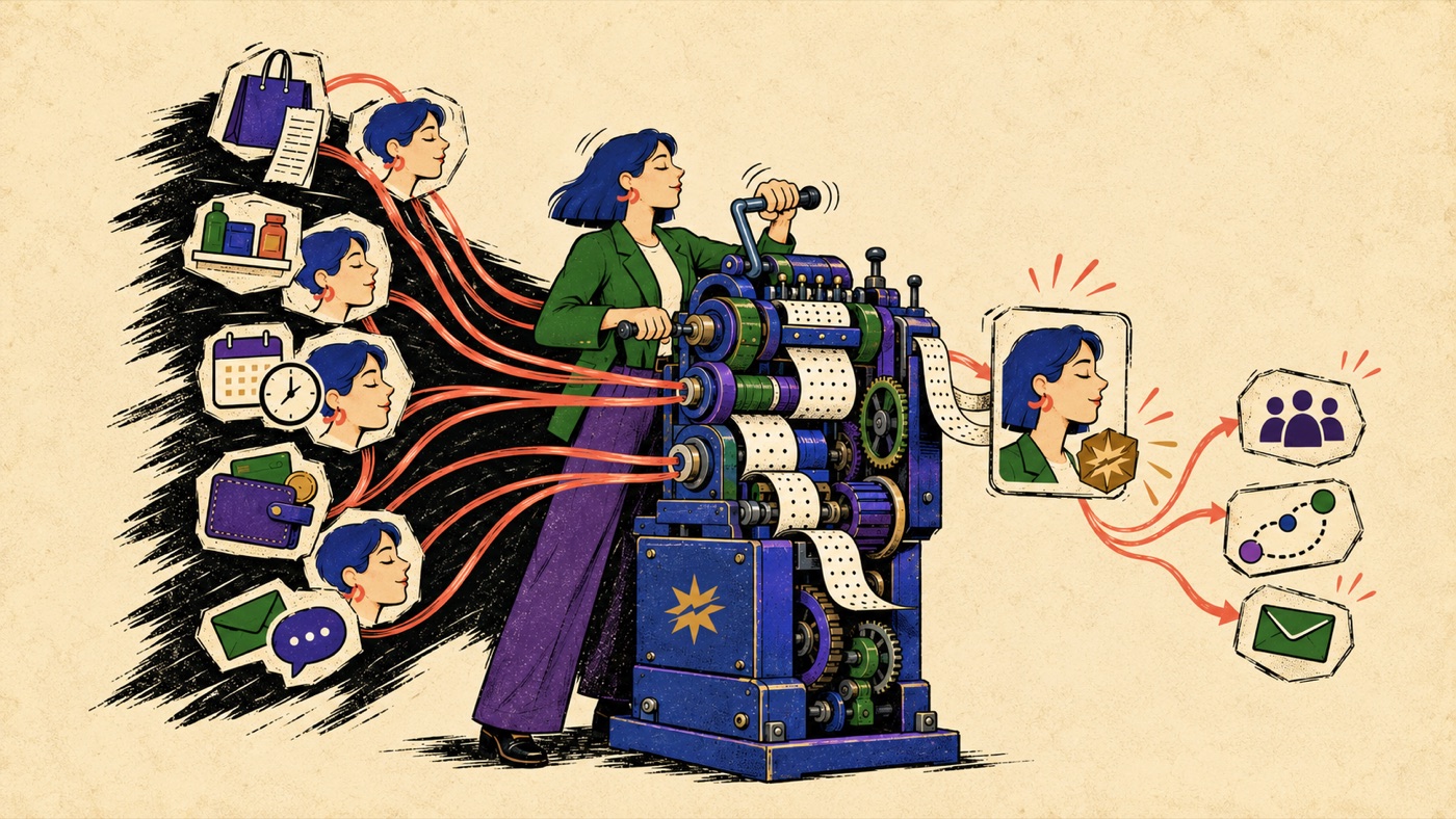 Illustration of a person feeding raw customer signals, purchases, products, timing, payments, and messages, into a machine that stamps out a repeated customer profile, which then routes to audiences, journeys, and messaging.