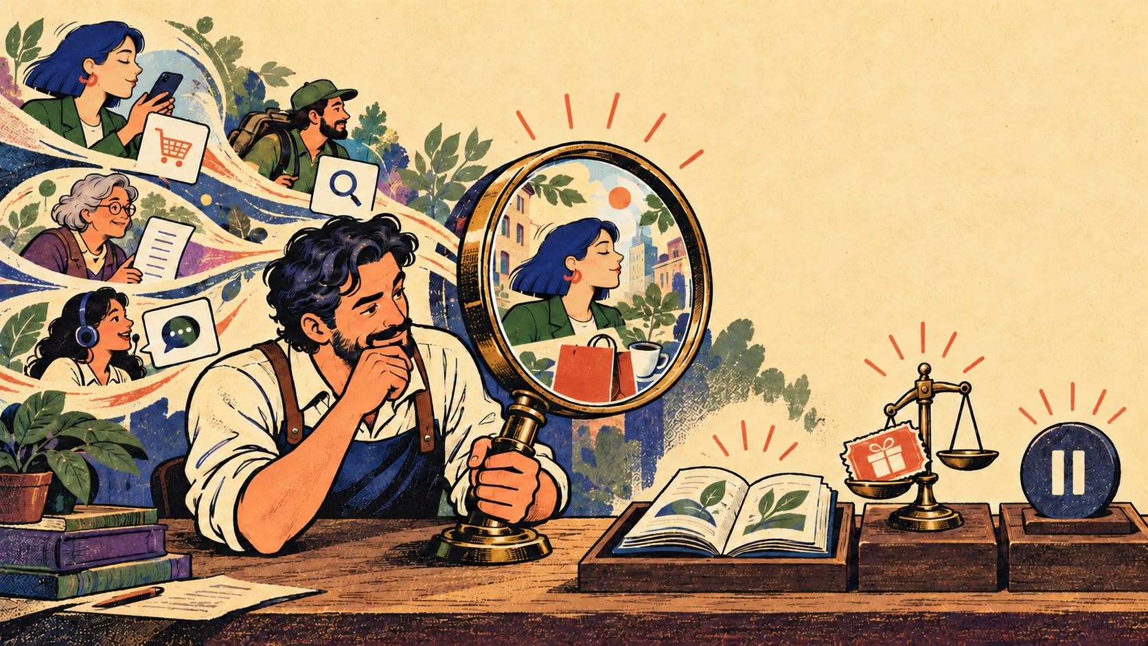 A blue-haired analyst examines customer evidence through a magnifying lens, connecting behavioural signals with economic context and bounded decisions.