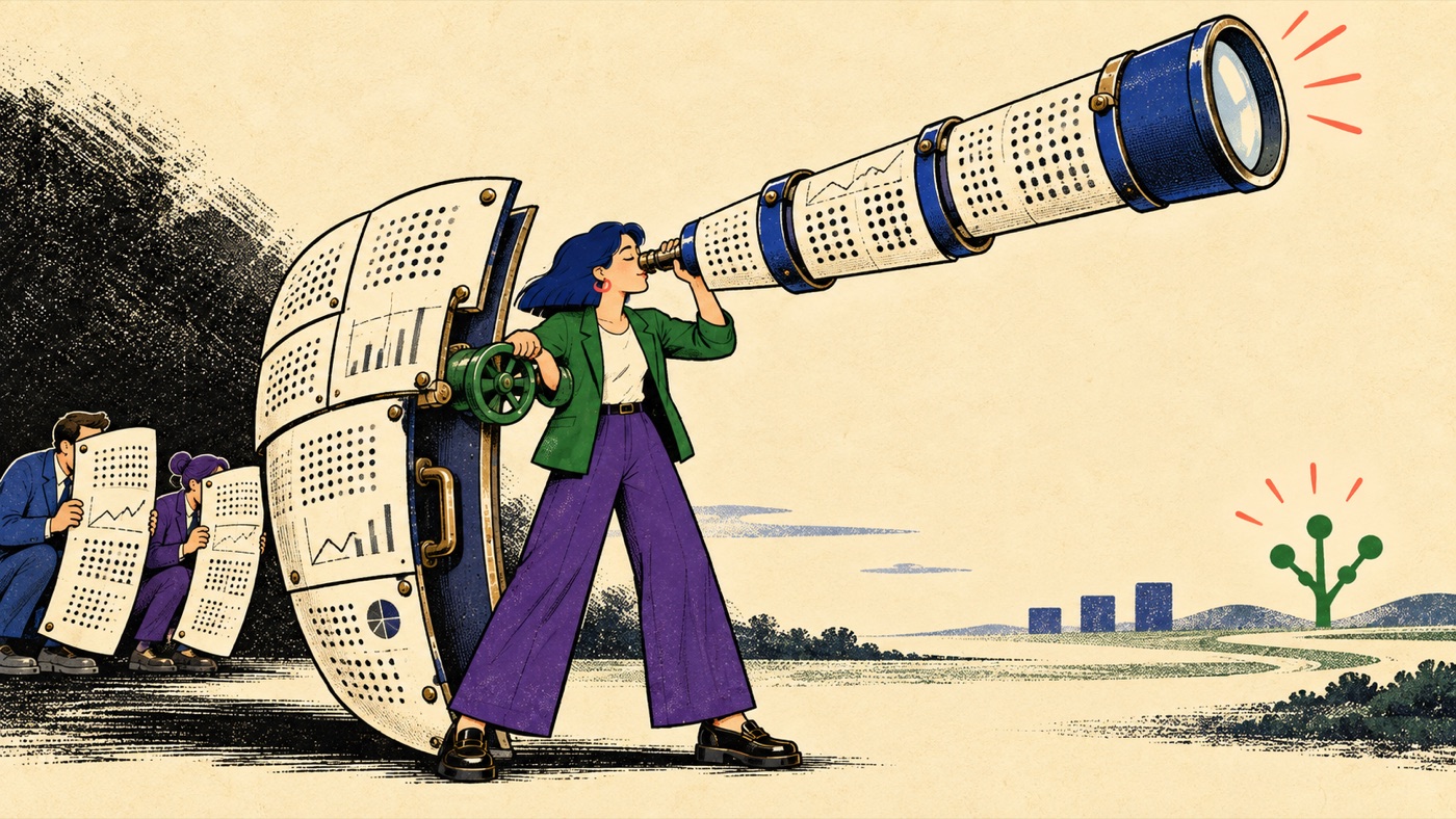 Illustration of people hiding behind report pages while a person looks ahead through a giant telescope built from data charts, spotting a growing tree of opportunity in the distance.