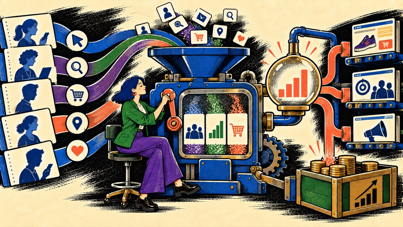 Illustration of a person operating a machine that turns customer profile cards and behavior signals into a growth chart, powering a personalized storefront, an audience segment, and an ad placement, while coins collect in a revenue crate.