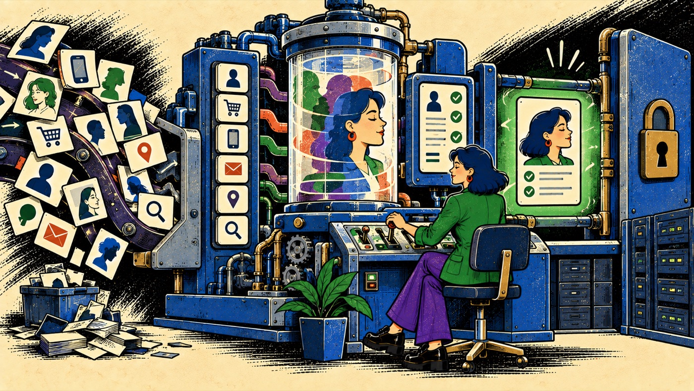 Illustration of a person operating a machine that resolves a stream of fragmented, overlapping identity fragments into a single verified profile, then locks the resolved record behind a secured, keyed server.
