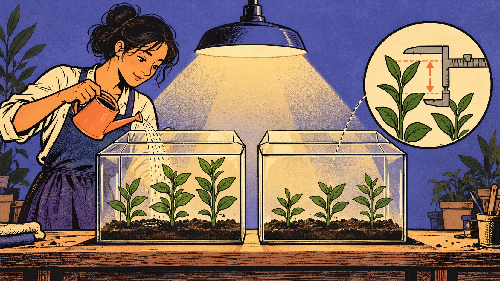 An experimenter compares two similar greenhouse boxes, waters one and measures the difference in growth.