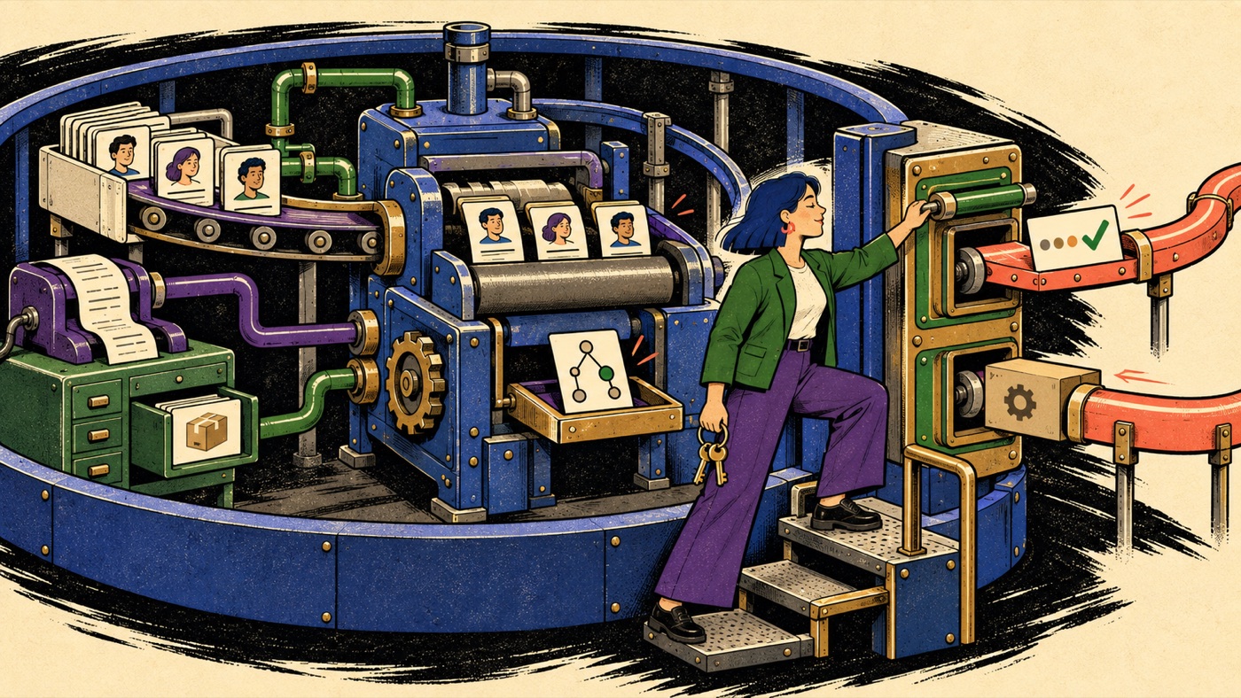 Illustration of a person operating a self-contained, walled machine that resolves customer profile cards into a single identity, holding keys to its access, with only a verified result passing through to the outside.