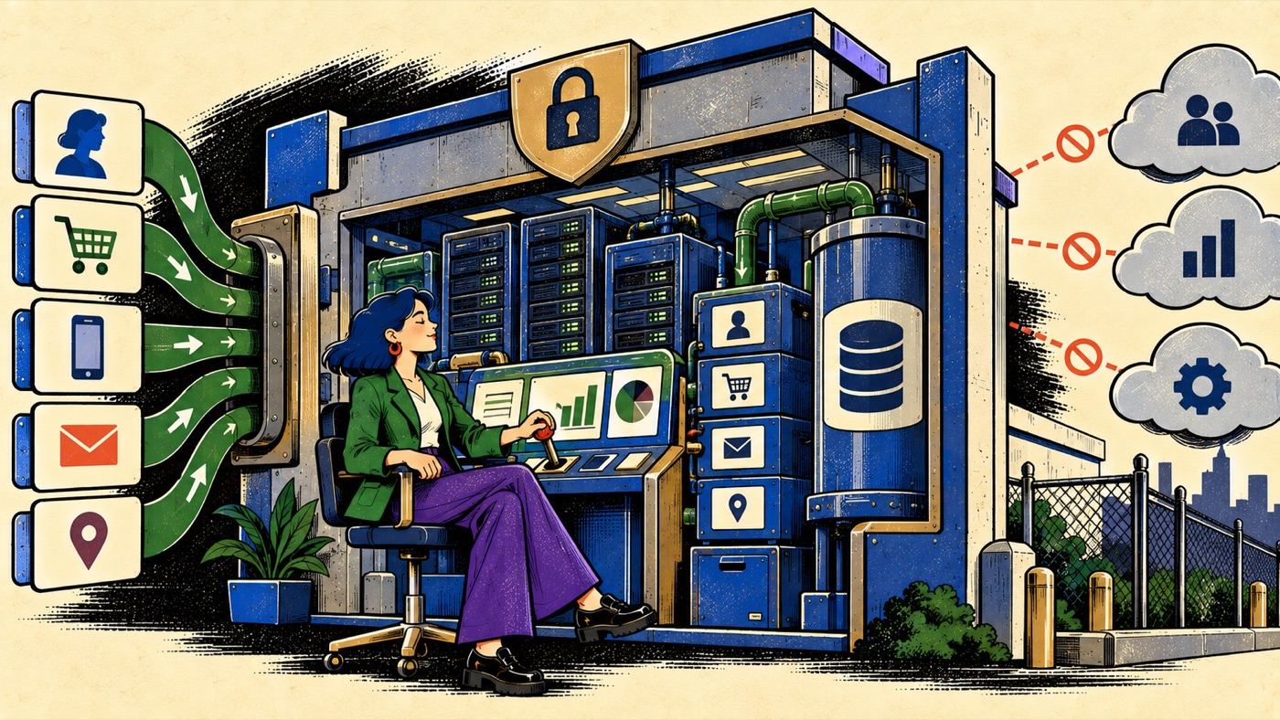 Illustration of a person operating a locked, fenced data center that receives customer signals from the left while blocking outbound connections to external cloud services on the right, with a city skyline beyond the perimeter.
