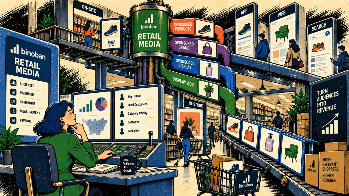 Illustration of a person operating a retail media console with audience segments and analytics, routing sponsored product, brand, and display campaigns through a pipeline to on-site, app, web, and search placements, turning audiences into revenue.