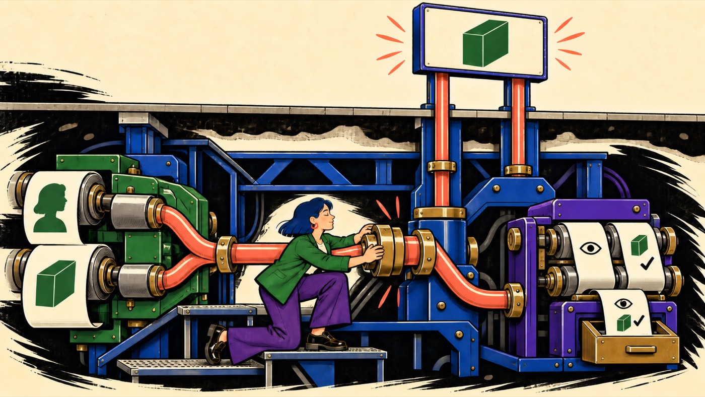 Illustration of a person connecting an underground machine holding customer and product data to an above-ground retail media machine that prints impression and conversion tickets for a featured product.